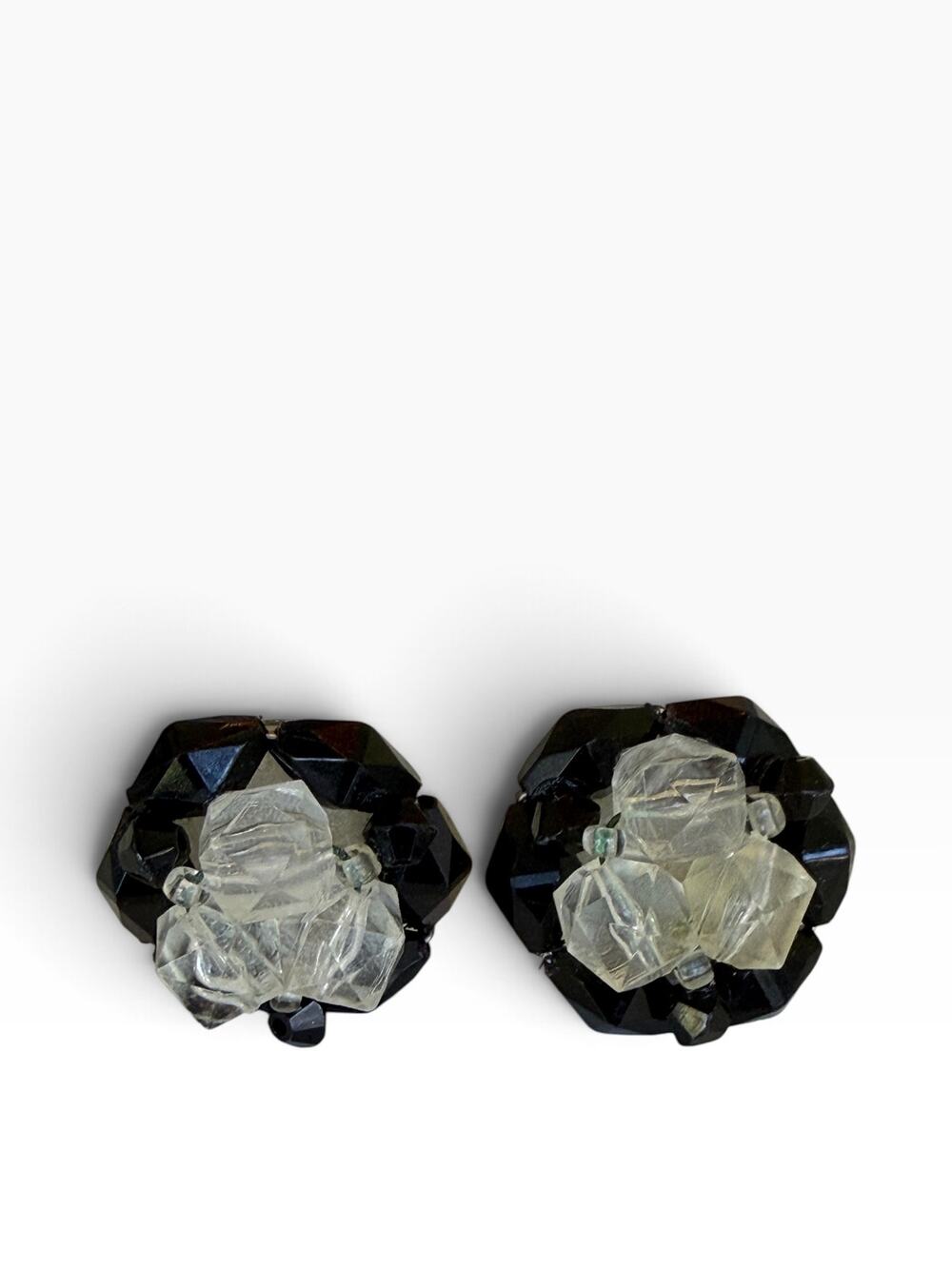 Vtg Germany Black and Clear Glass Bead Cluster Clip on Earrings 1950s